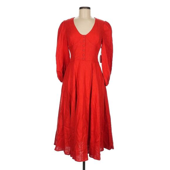 Staud Birdie Midi D Dress Red Linen Puff Sleeve Full Skirt bodice Button Front 6 - Picture 5 of 8